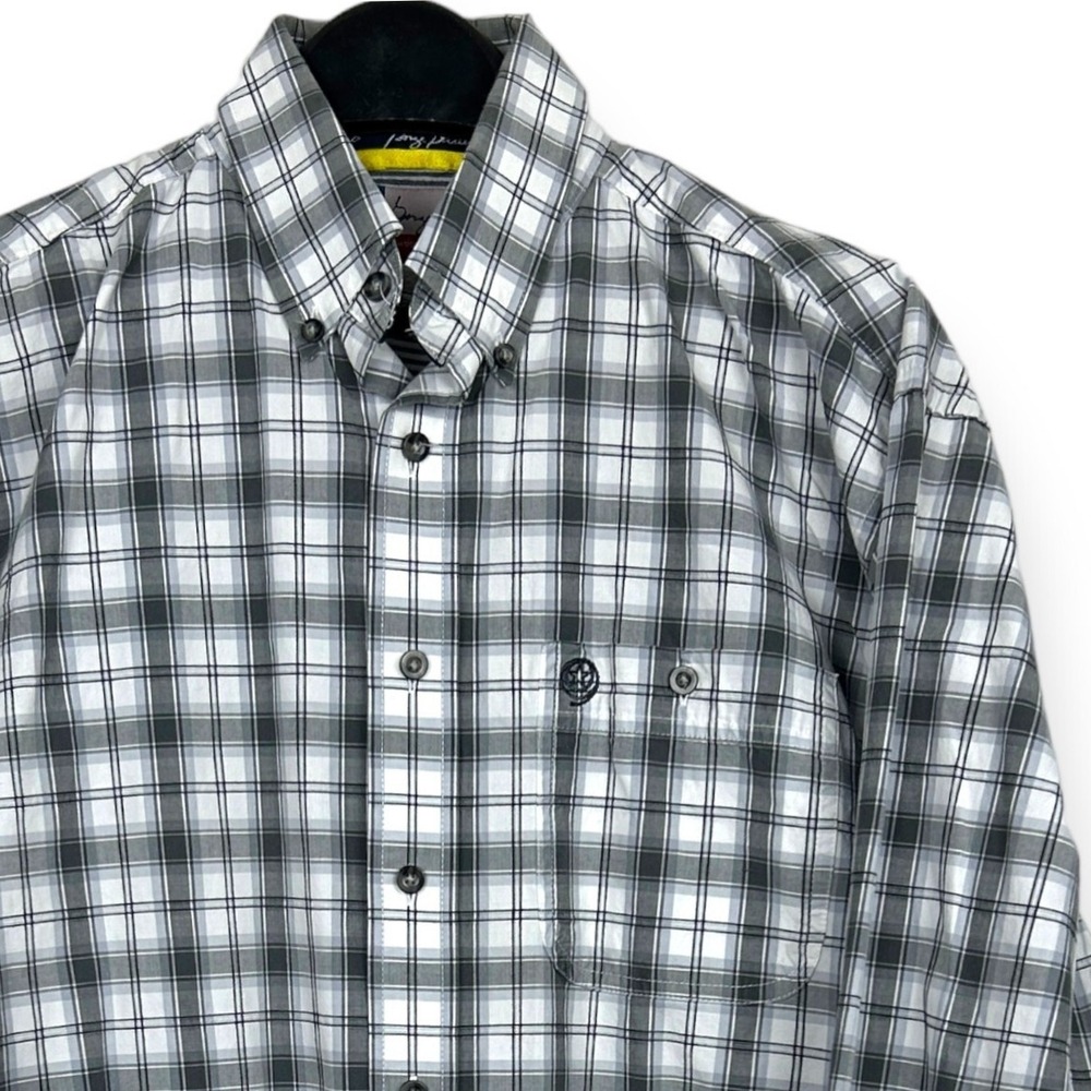Wrangler George Straight Men's Medium‎ Button Down Cotton Shirt Plaid Gray